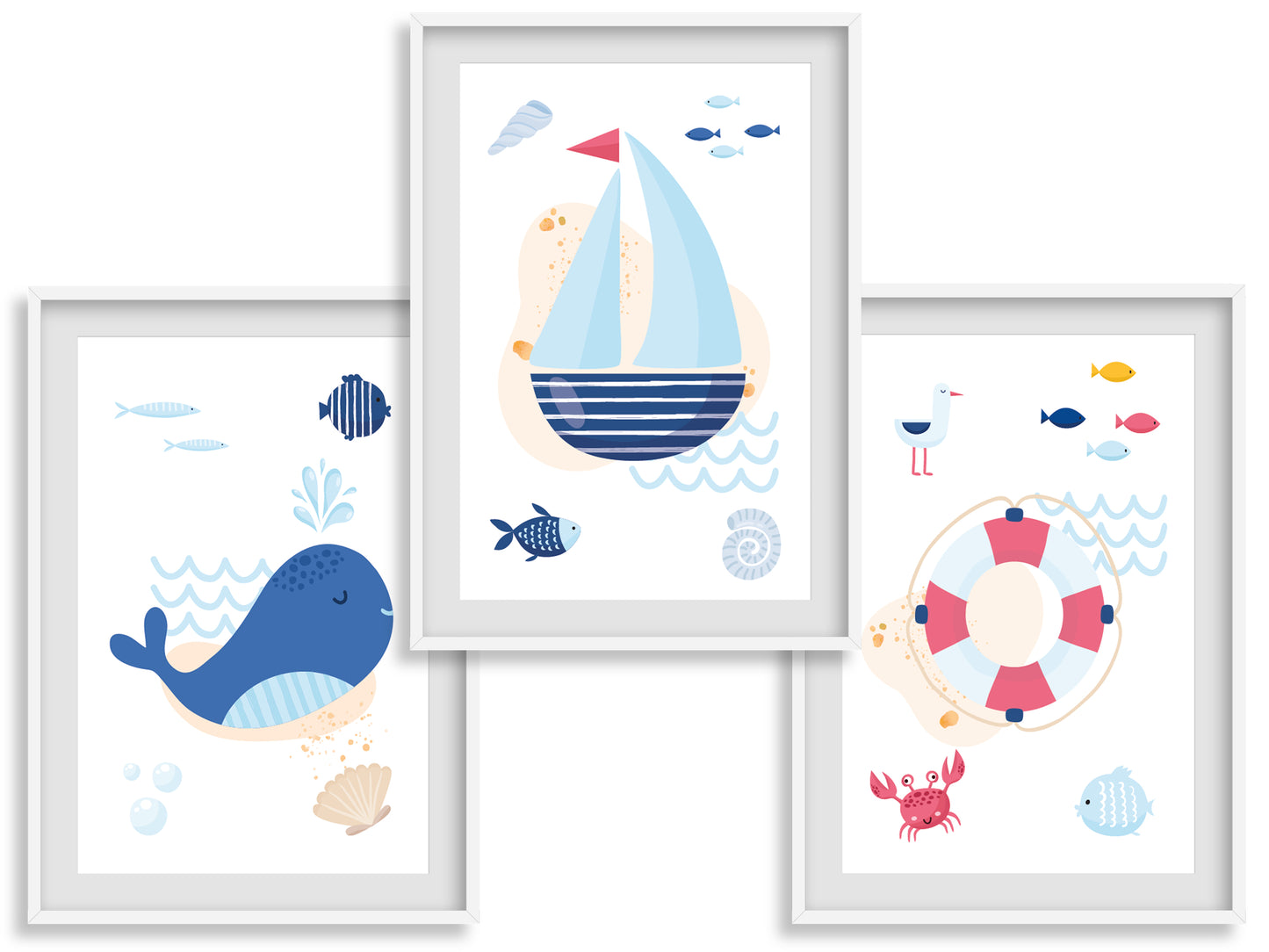 Posters sailor boat fish whale shell - 3 posters baby child room - Decoration - birth gift - ocean sea - bb deco ocean