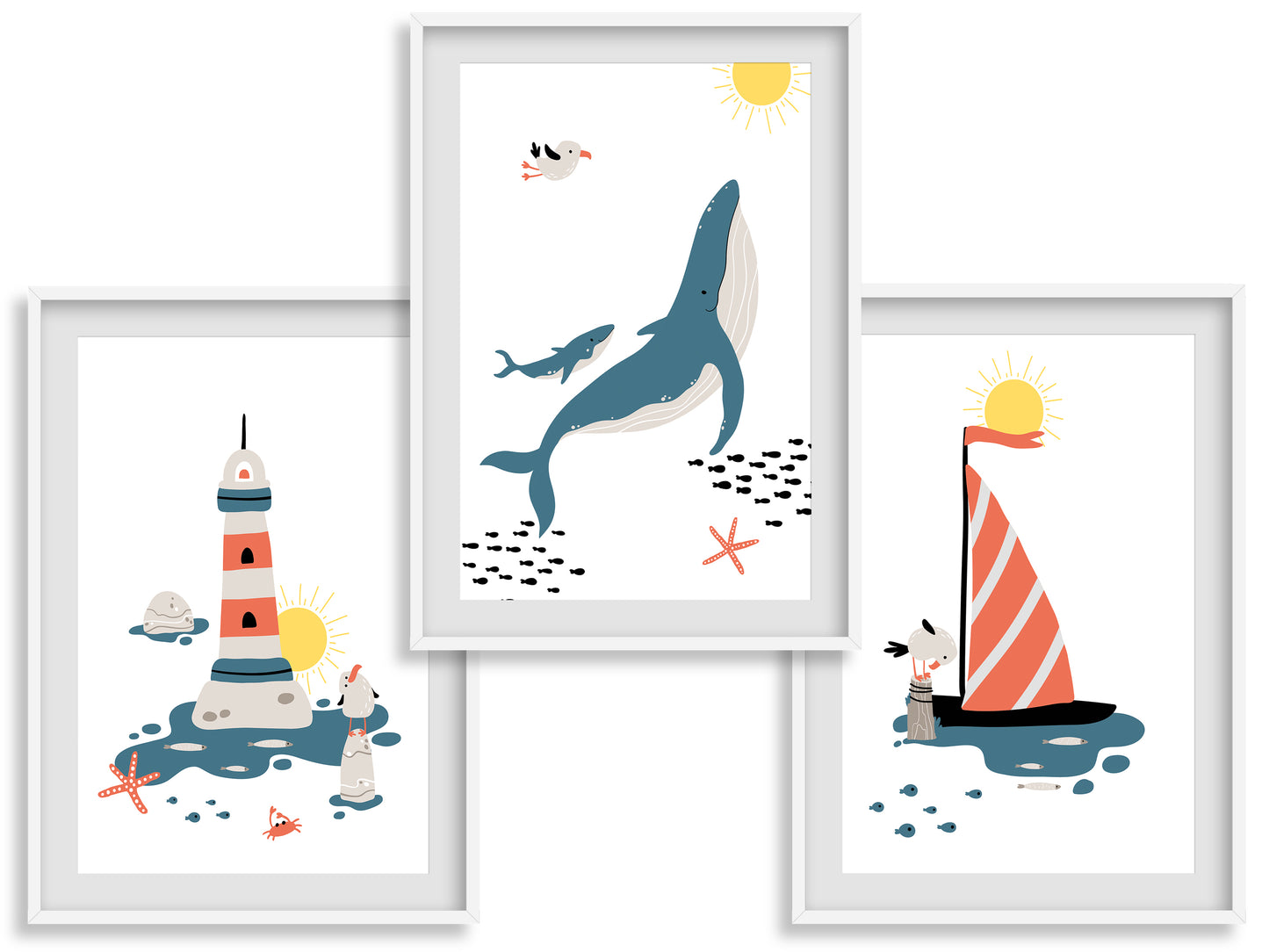 Marine posters boat lighthouse whale fish - 3 posters baby child room - Decoration - birth gift - ocean sea - blue illustration