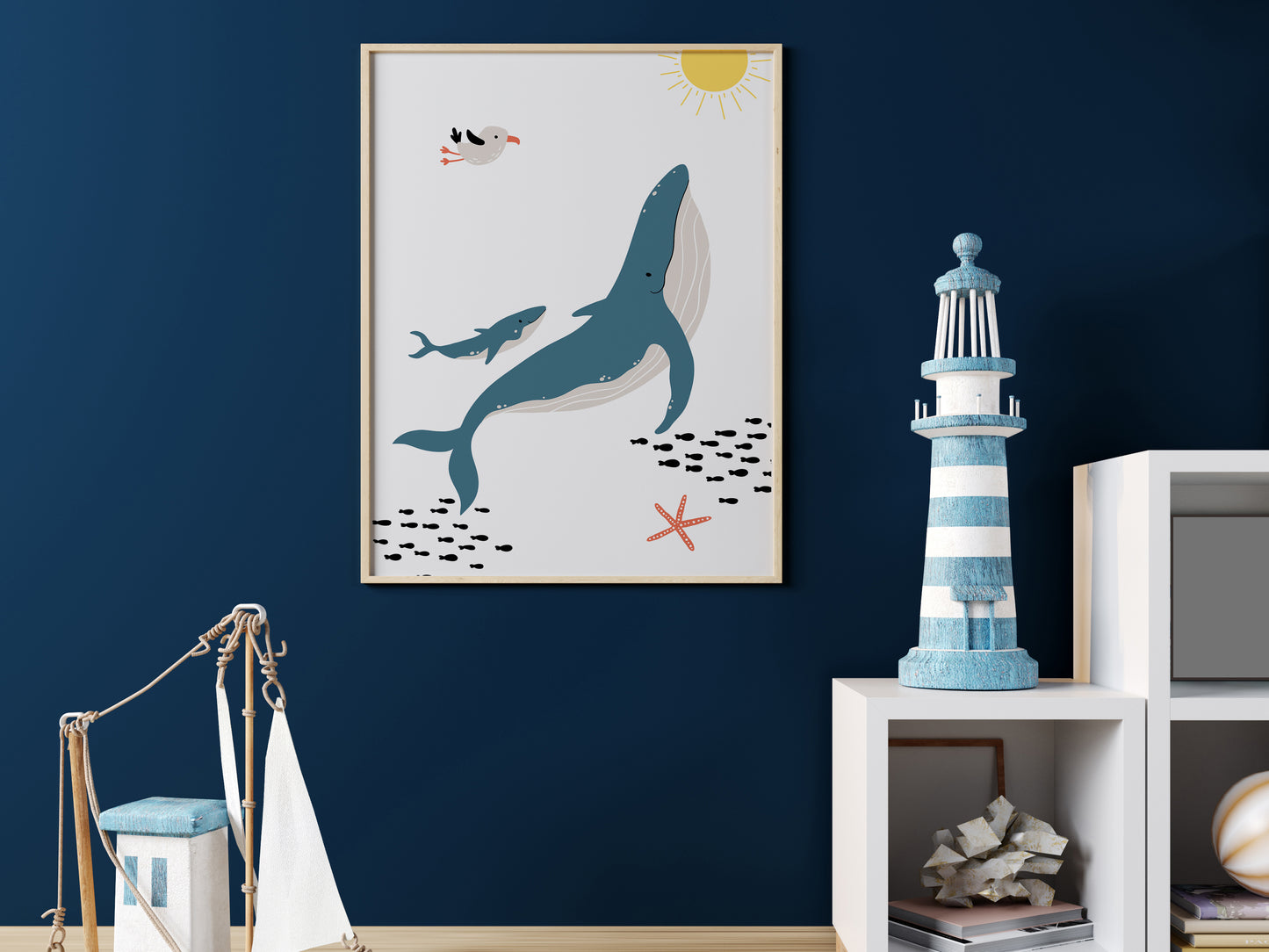 Marine posters boat lighthouse whale fish - 3 posters baby child room - Decoration - birth gift - ocean sea - blue illustration
