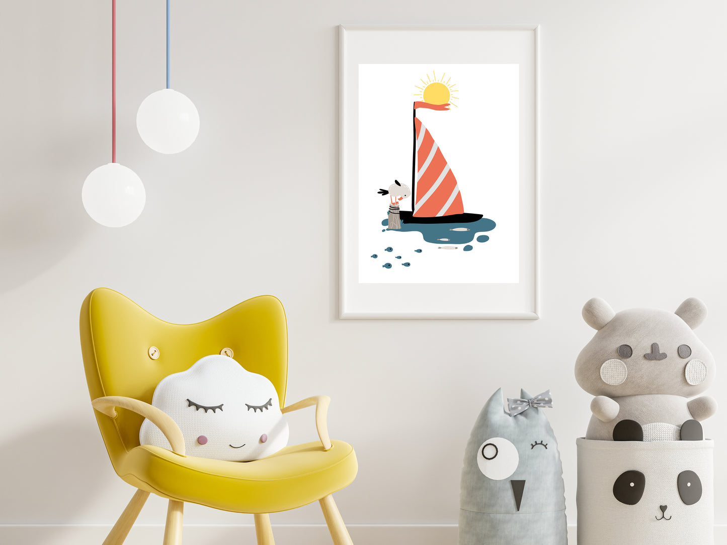 Marine posters boat lighthouse whale fish - 3 posters baby child room - Decoration - birth gift - ocean sea - blue illustration