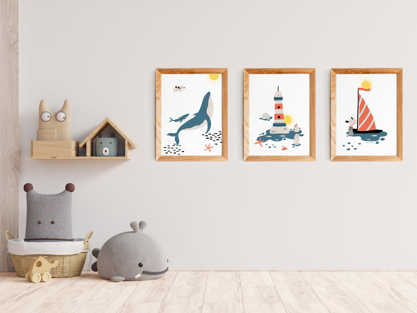 Marine posters boat lighthouse whale fish - 3 posters baby child room - Decoration - birth gift - ocean sea - blue illustration