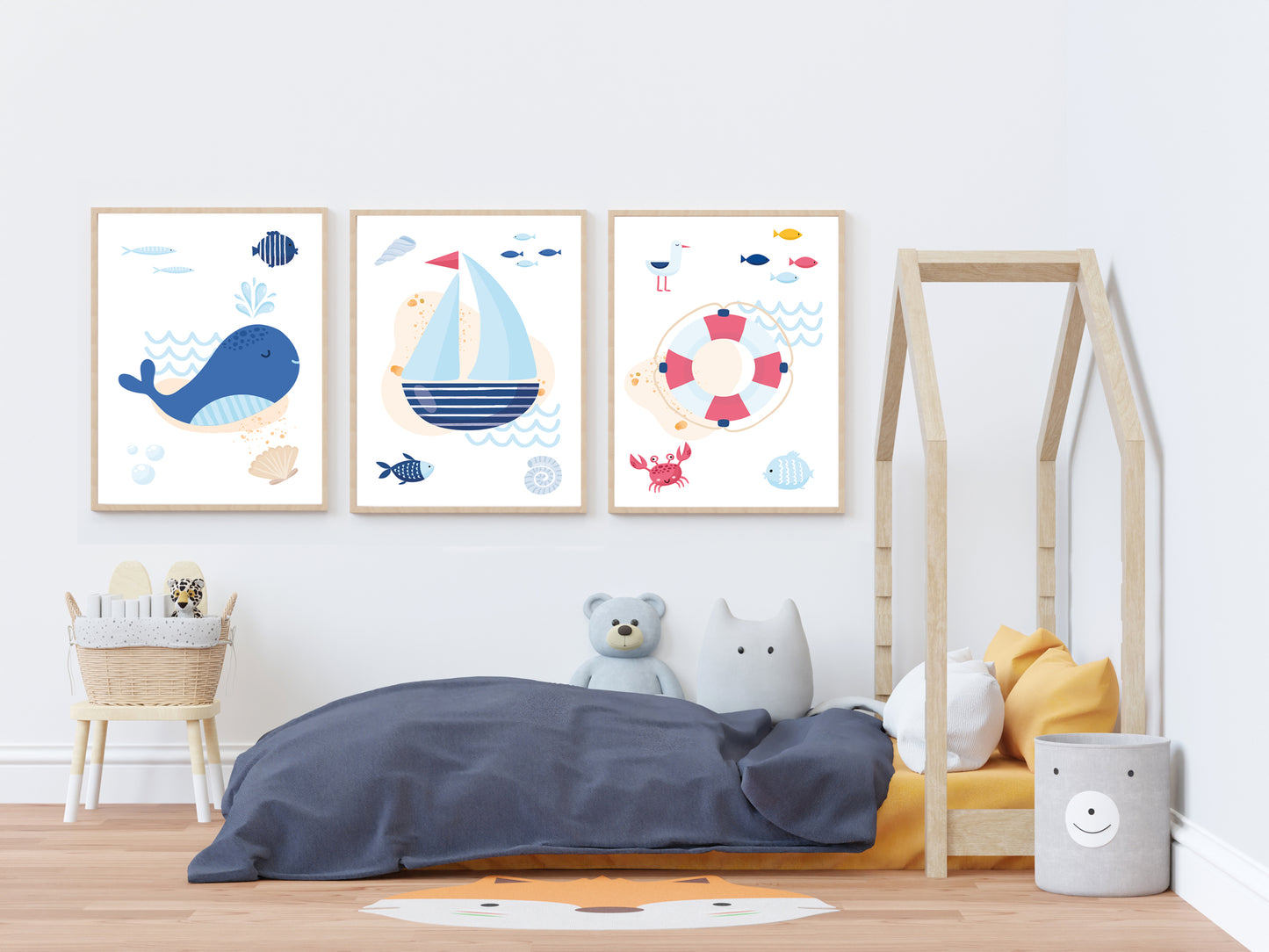 Posters sailor boat fish whale shell - 3 posters baby child room - Decoration - birth gift - ocean sea - bb deco ocean