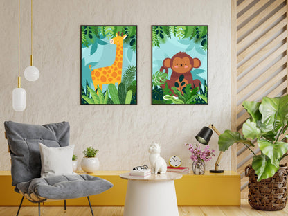 Jungle Animal Posters Elephant Lion Giraffe Monkey - baby children's room 4 posters - decoration boy girl birth - safari dco