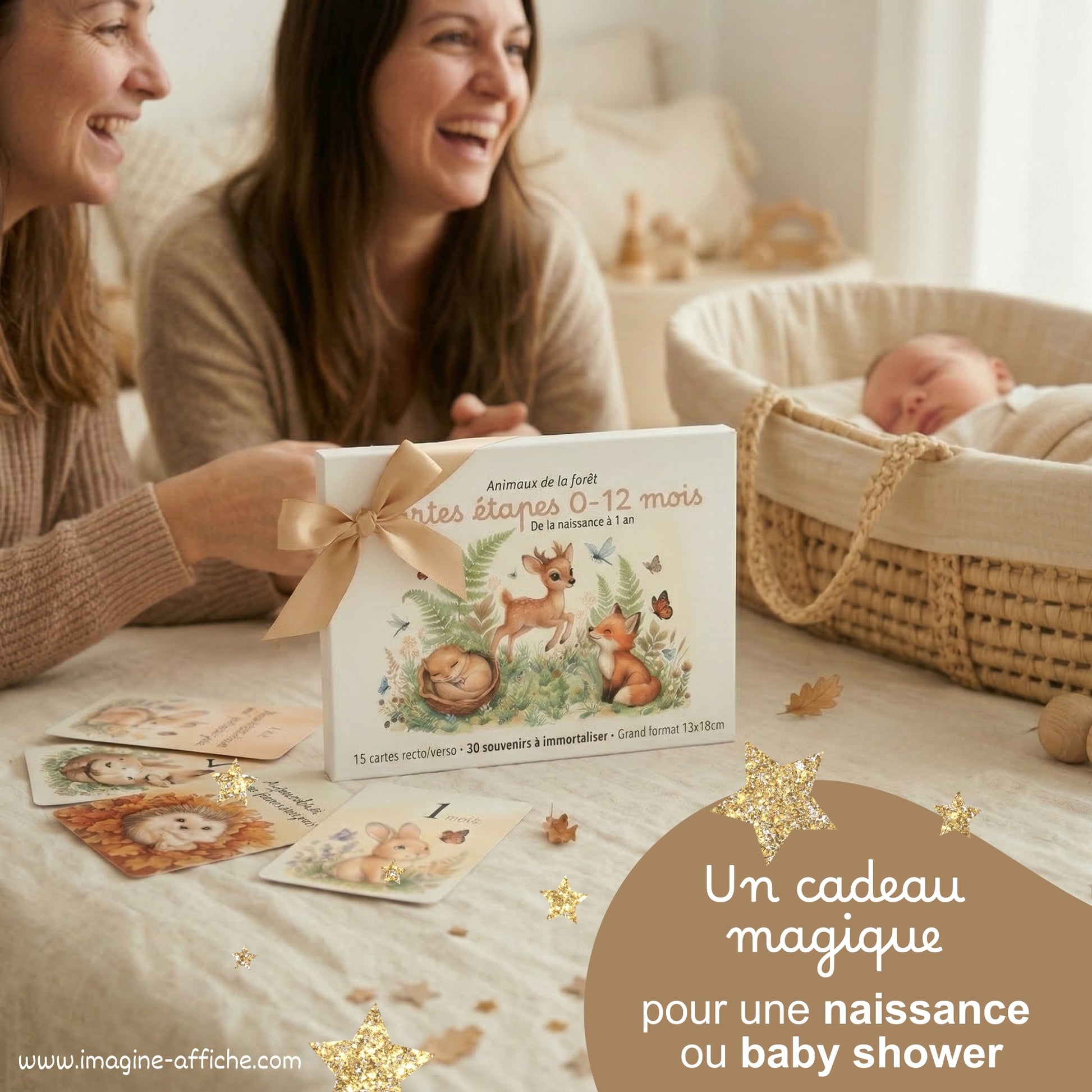 Cadeau naissance bébé maman heureuse avec carte étape