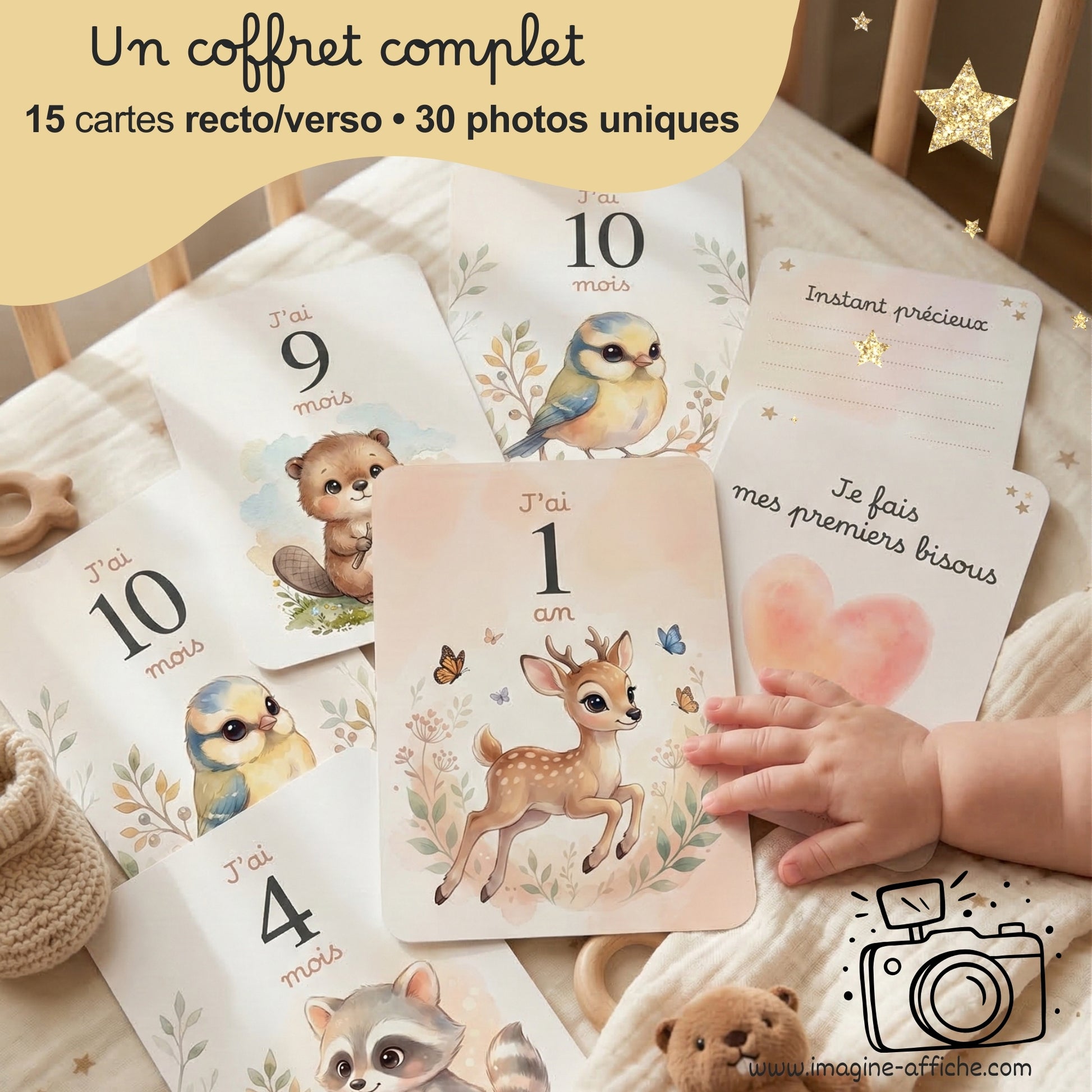 Un coffret complet 15 cartes recto/verso - 30 photos uniques de votre bébé 