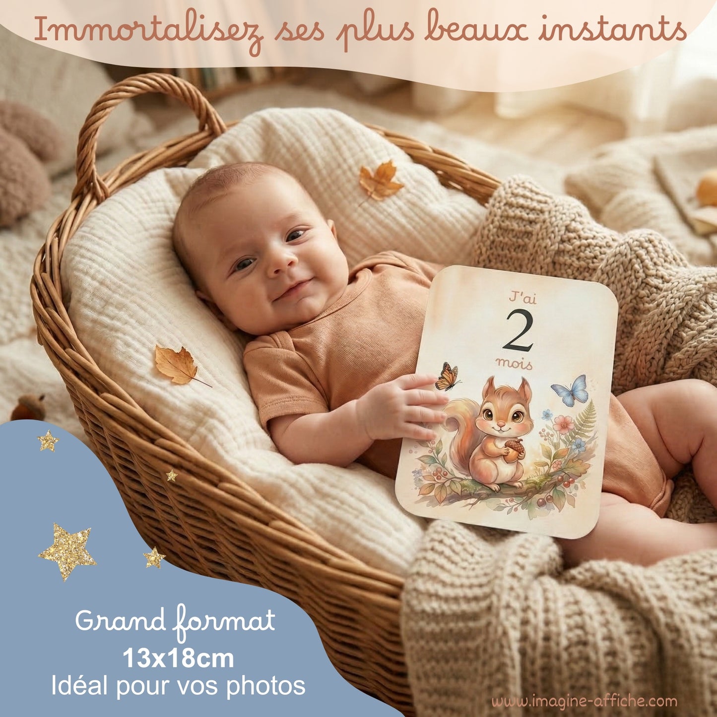 bébé 2 mois qui pose avec carte étape écureuil Imagine affiche