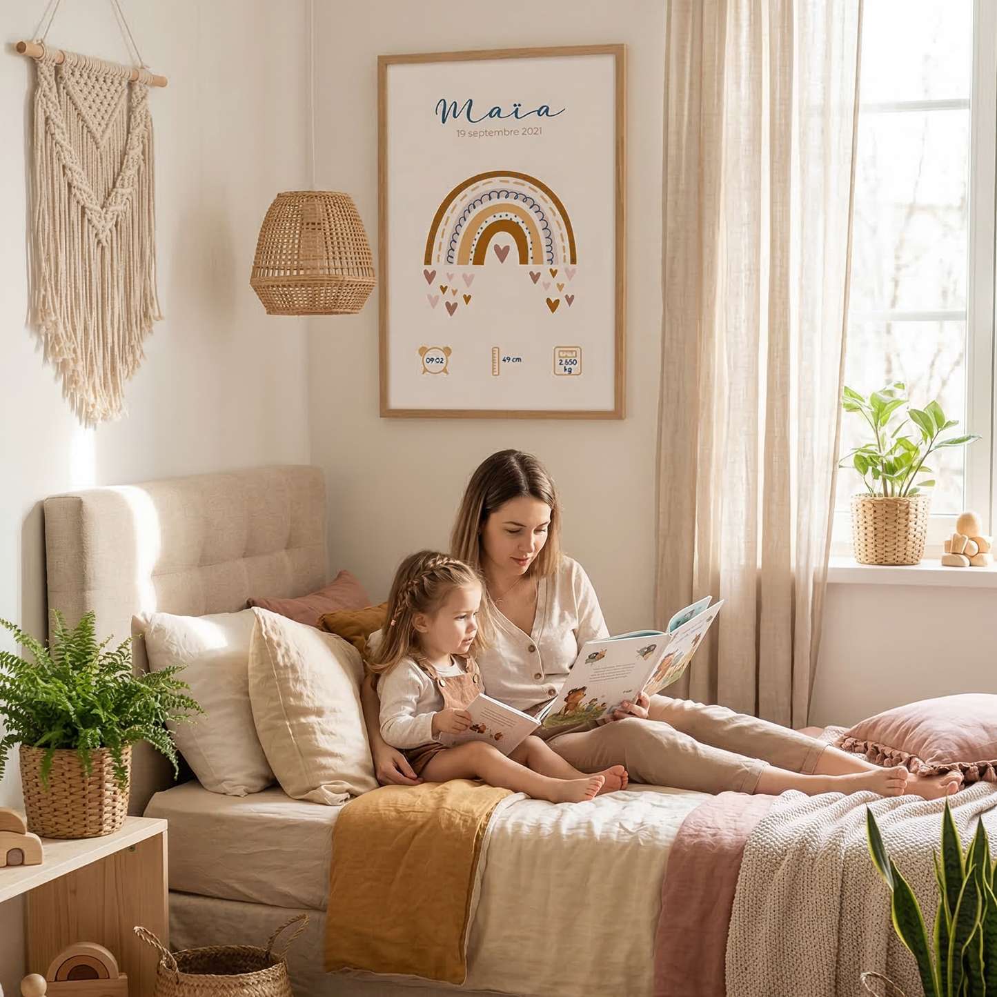 Affiche Naissance Personnalisée Arc-en-Ciel - Bleu Rose Camel