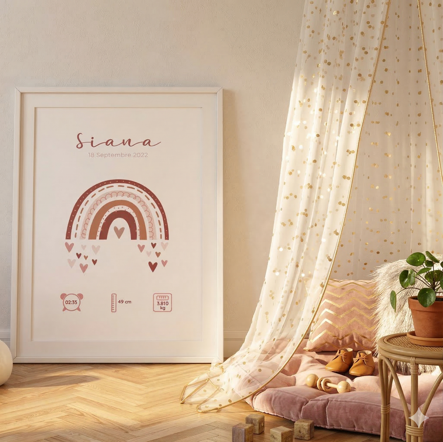 Affiche Naissance Personnalisée Arc-en-Ciel - Bleu Rose Camel