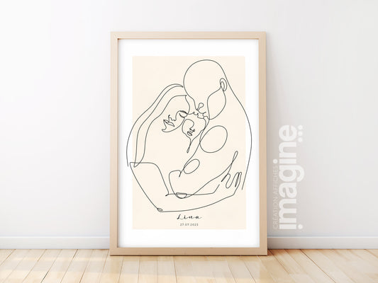 Affiche famille personnalisable - Line art maman papa bébé