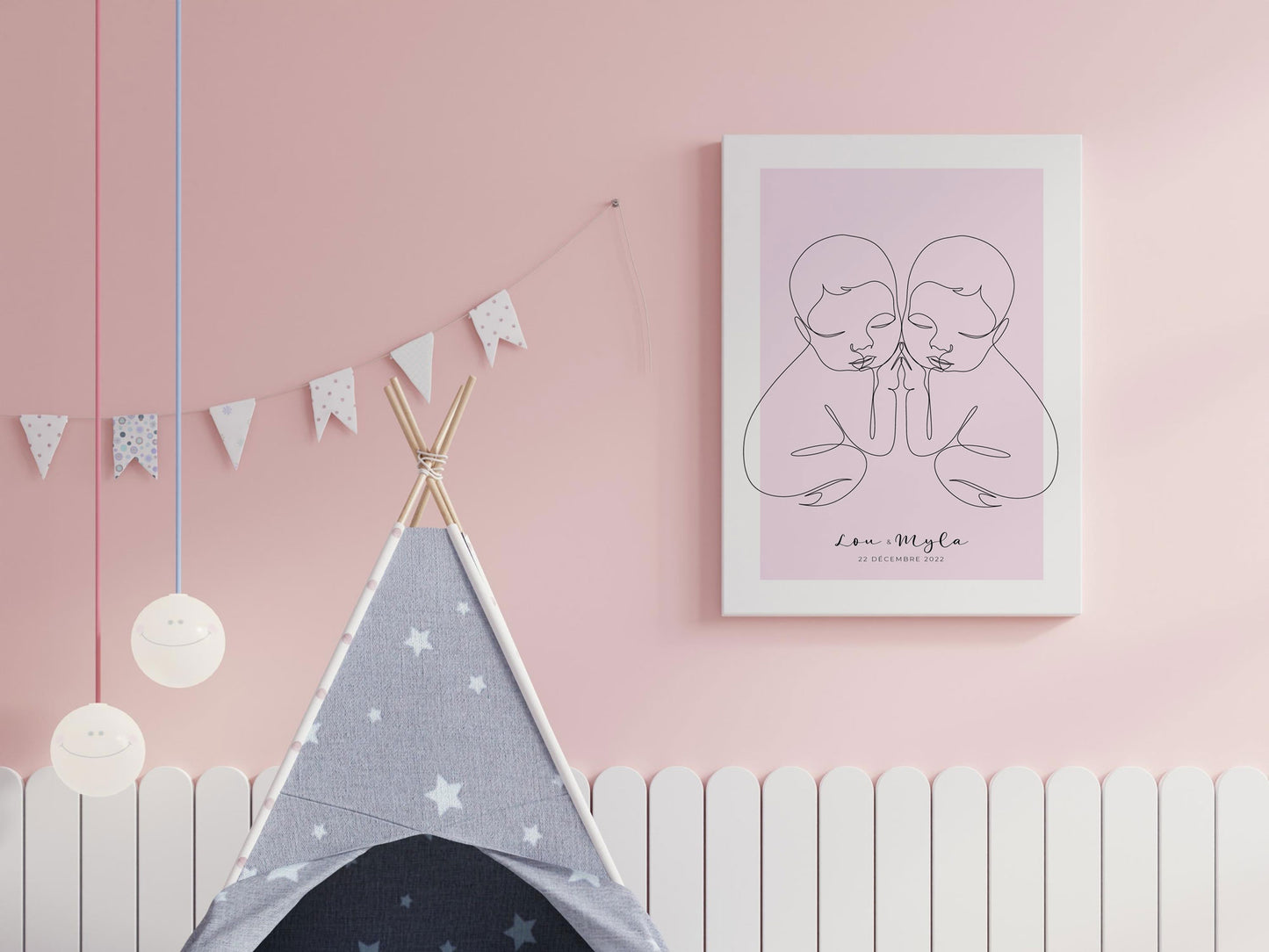 Affiche jumeaux bébés personnalisable - Line art