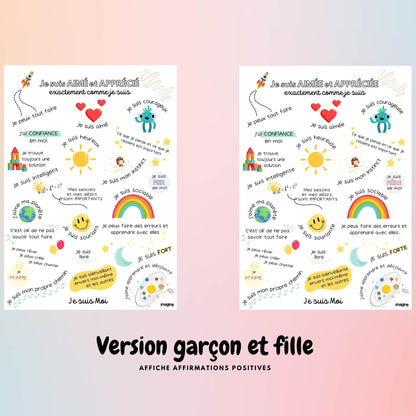 Affiche affirmations positives pour enfant en version garçon ou fille