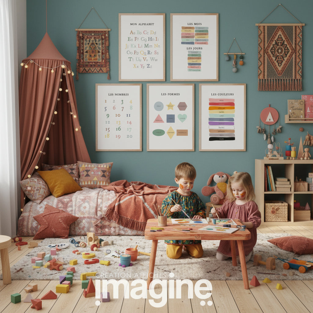 Poster éducatif enfant alphabet - affiche apprentissage lettres chiffres couleurs