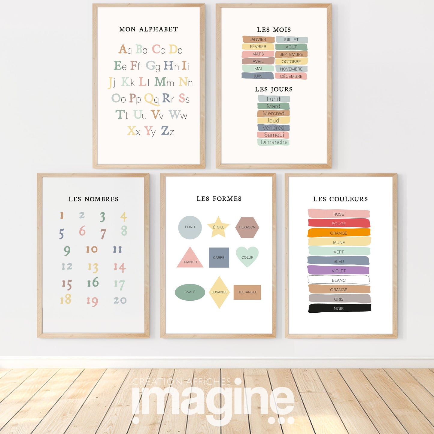 Lot 5 affiches éducatives enfant - alphabet chiffres couleurs formes saisons apprentissage