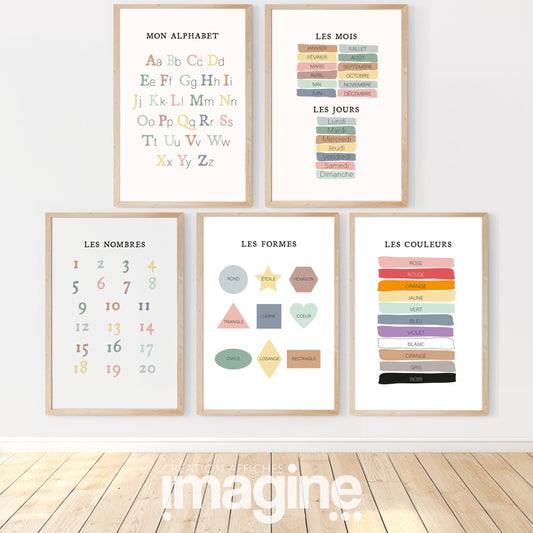 Lot 5 affiches éducatives enfant - alphabet chiffres couleurs formes saisons apprentissage
