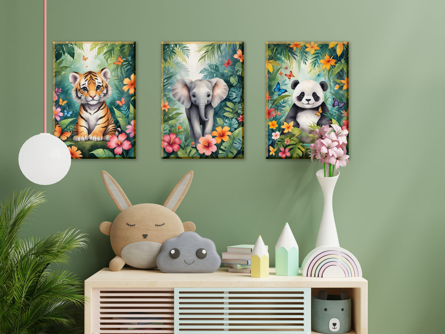 Affiche Animaux de la Jungle pour Chambre d'Enfant avec bébé tigre, éléphant et panda