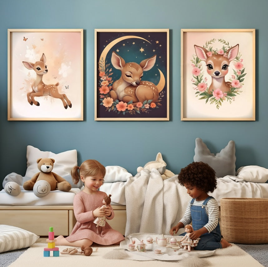 Trio affiches faon enchanté décoration chambre bébé fille forêt - Imagine Affiche

