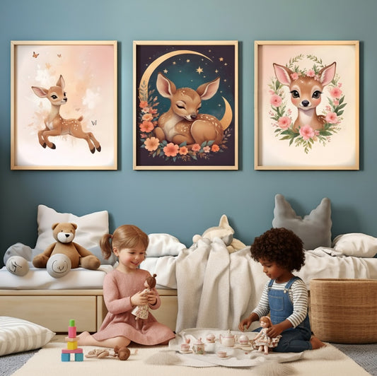 Trio affiches faon enchanté décoration chambre bébé fille forêt - Imagine Affiche

