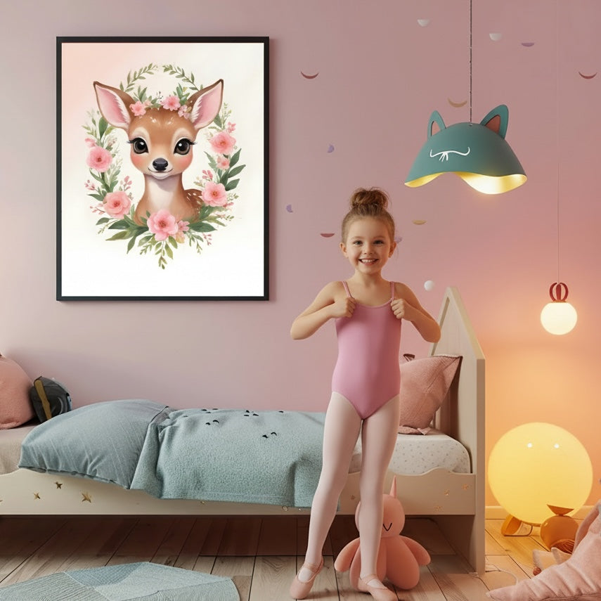 Poster faon enchanté fleurs délicates aquarelle pastel chambre enfant