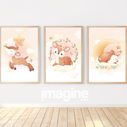 Set 3 affiches biche mignonne décoration chambre bébé enfant - Imagine Affiche