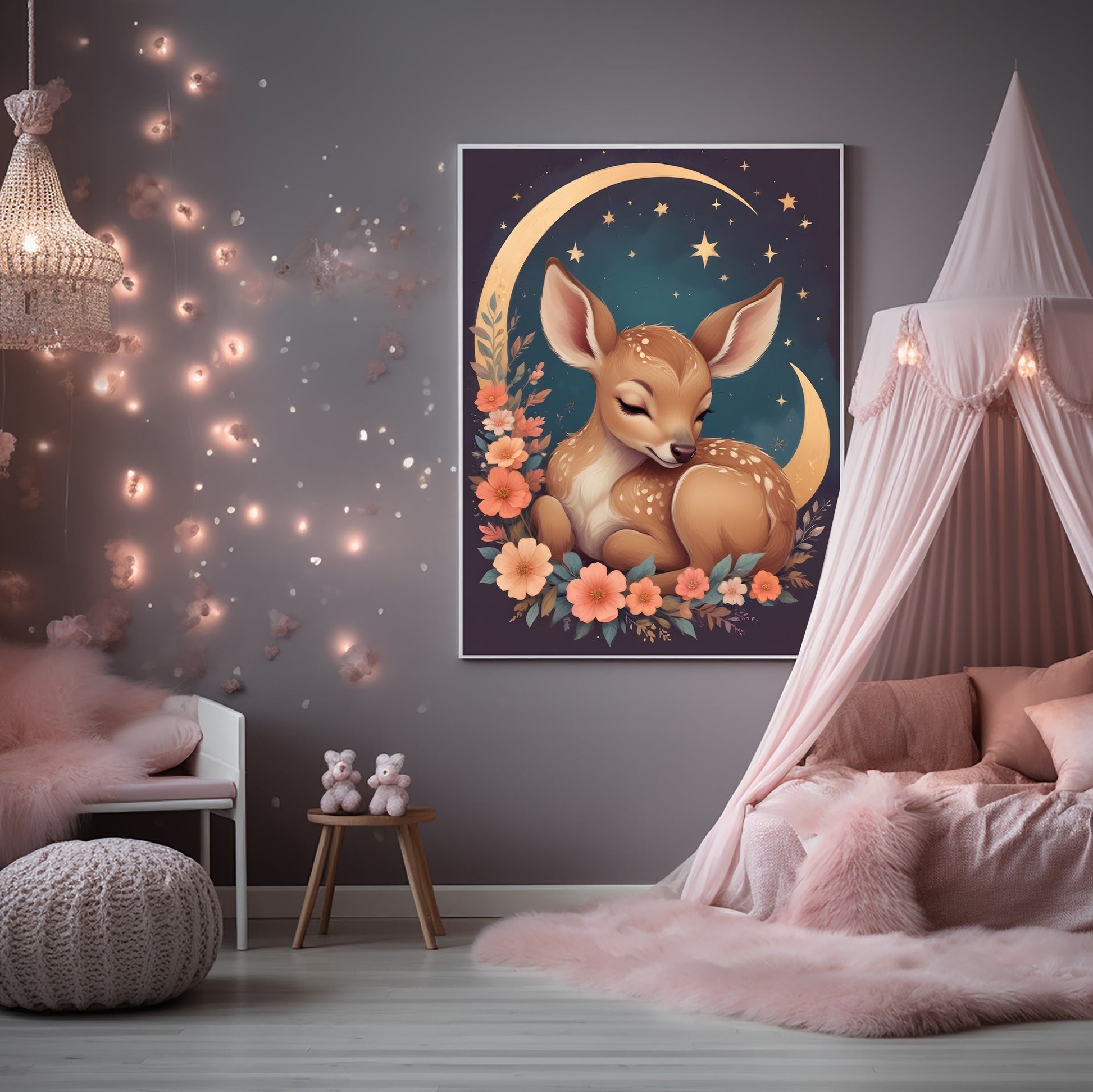 Poster faon enchanté décoration murale poétique aquarelle pastel

