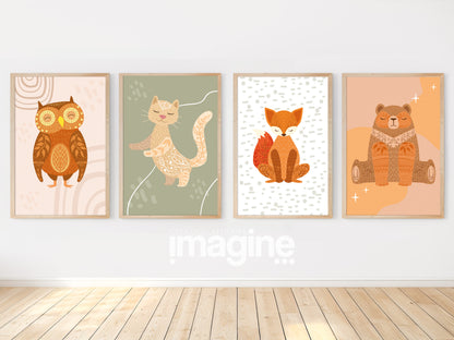 Animal posters owl fox bear cat - boho deco - baby room poster - boho wall frame - nature poster for children - design poster