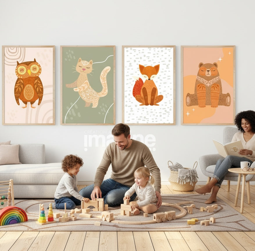 Lot de 4 Affiches Animaux de la Forêt – Décoration Chambre Bébé & Enfant – Imagine Affiche