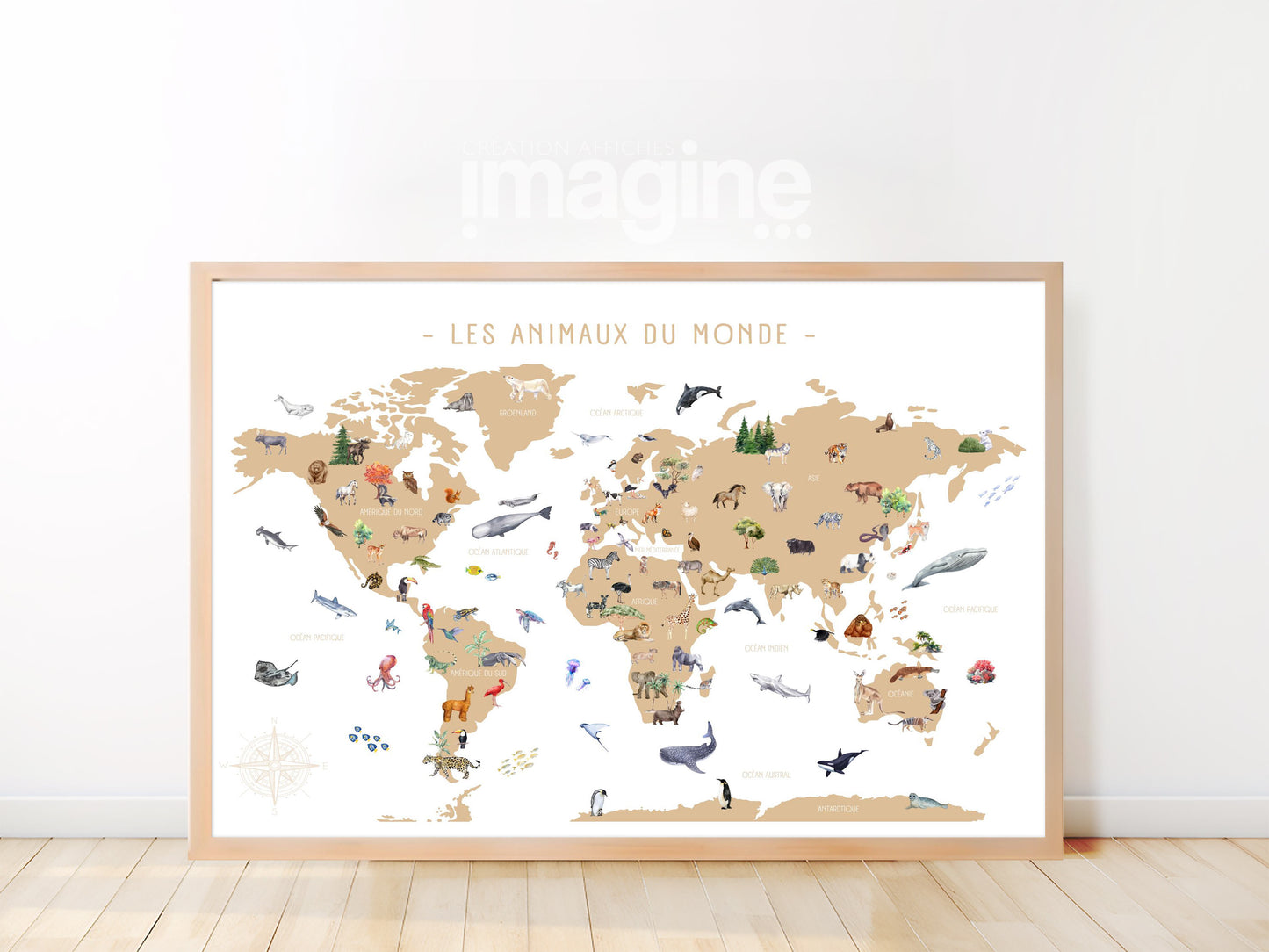 Carte du monde des animaux style aquarelle - Éducative et Esthétique