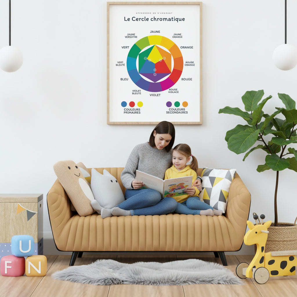 Poster éducatif cercle chromatique maternelle école apprentissage couleurs
