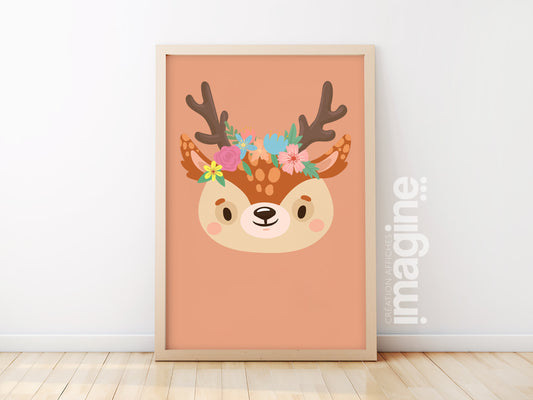 Affiche cerf Animaux portrait romantique avec couronne de fleurs