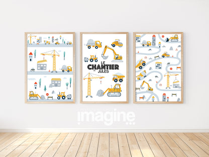 Lot of posters "Le Chantier de ... (child's first name)" with backhoe truck for children's room to personalize