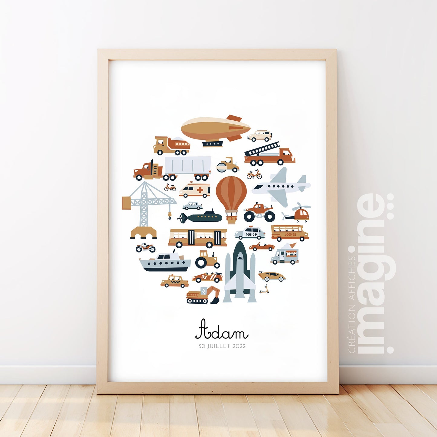 Affiche personnalisée véhicules et engins à moteur - camion pompier fusée grue sous-marin montgolfière - décoration chambre garçon