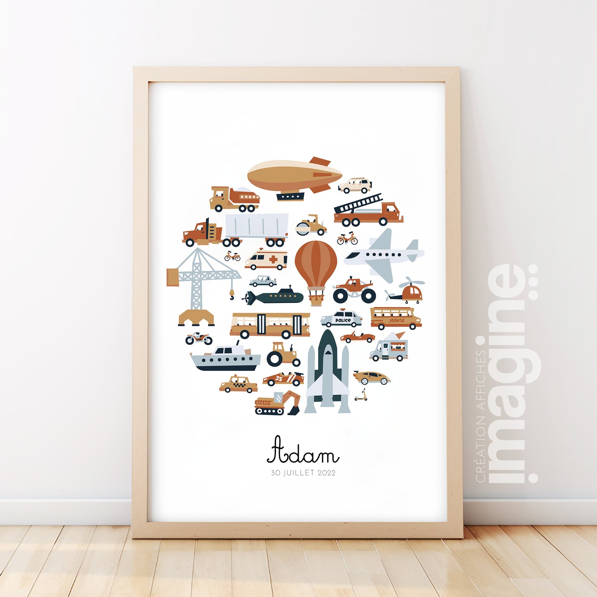 Affiche personnalisée véhicules et engins à moteur - camion pompier fusée grue sous-marin montgolfière - décoration chambre garçon