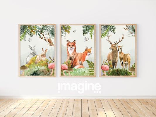 Set posters "Watercolor forest" with beautiful animals a fox a rabbit and a deer
