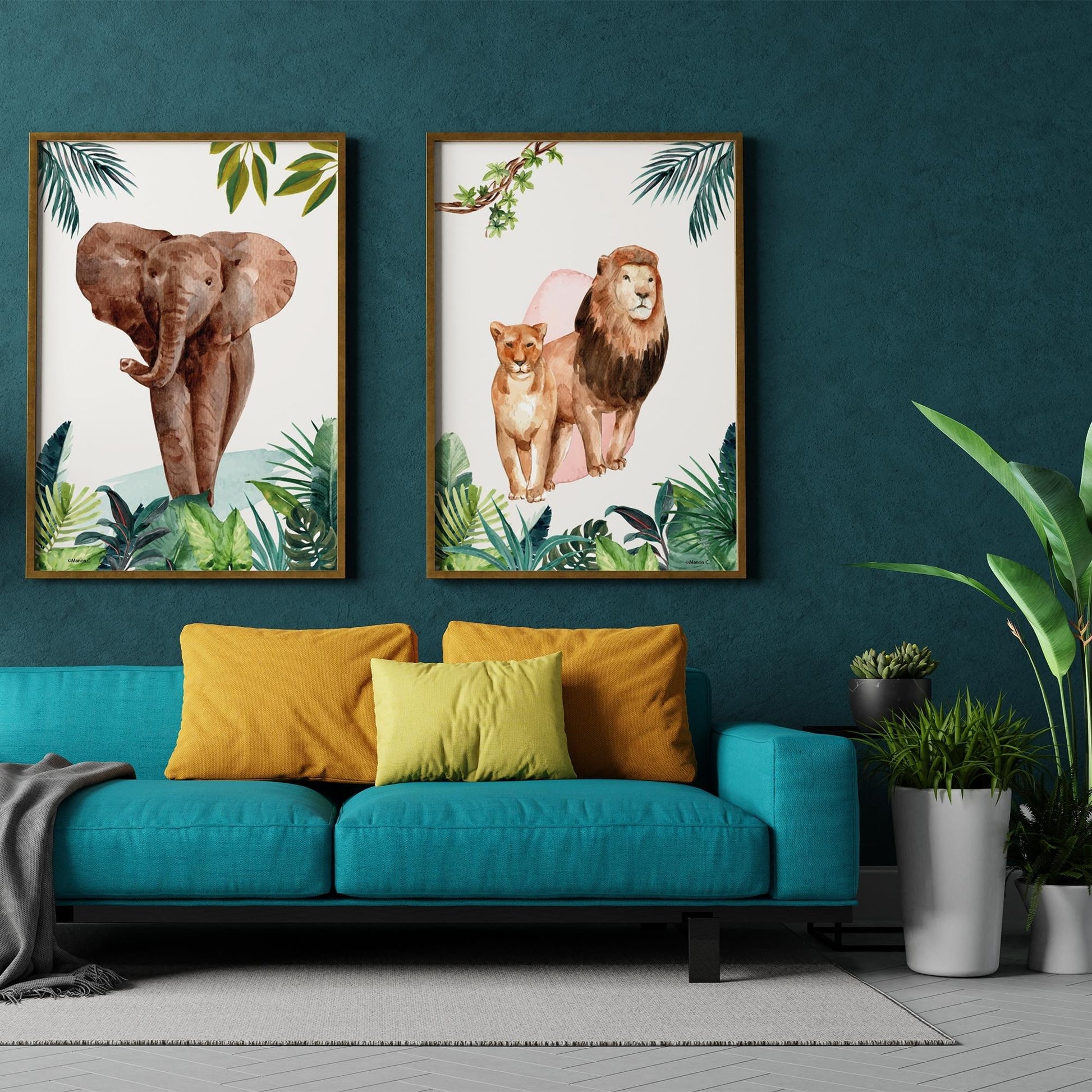 Poster animaux jungle aquarelle lion éléphant girafe décoration