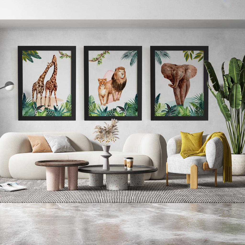 Poster jungle aquarelle animaux safari lion girafe éléphant enfant