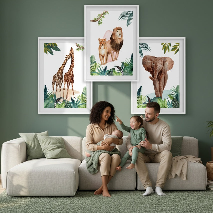 Affiche jungle aquarelle lion éléphant girafe décoration chambre enfant - Imagine Affiche