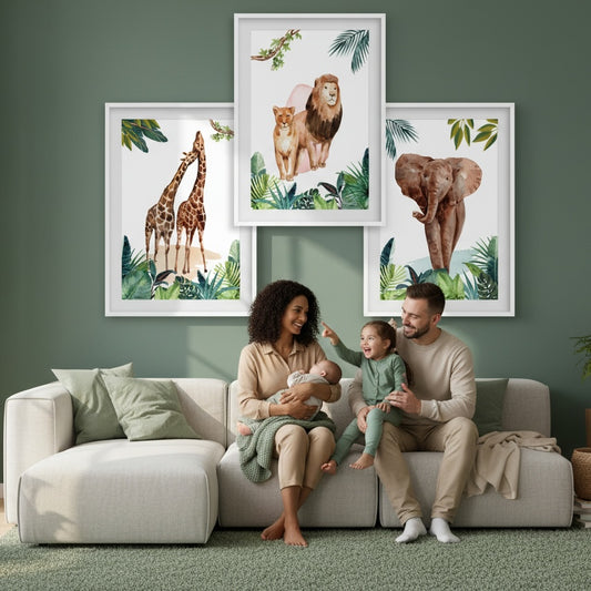Affiche jungle aquarelle lion éléphant girafe décoration chambre enfant - Imagine Affiche
