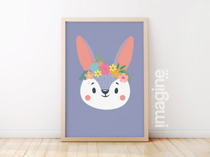 Affiche lapin Animaux portrait romantique à fleurs