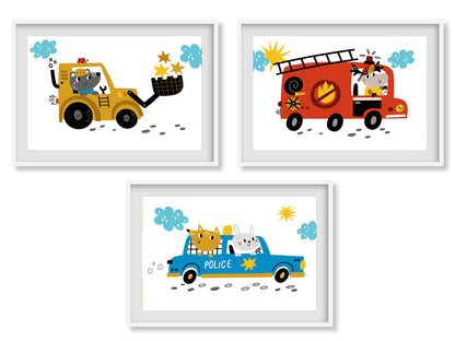 4 affiches tractopelle de chantier, voiture police, camion pompier et ambulance