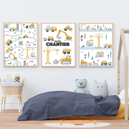 Affiche Mon Chantier engins chantier camion pelleteuse chambre enfant

