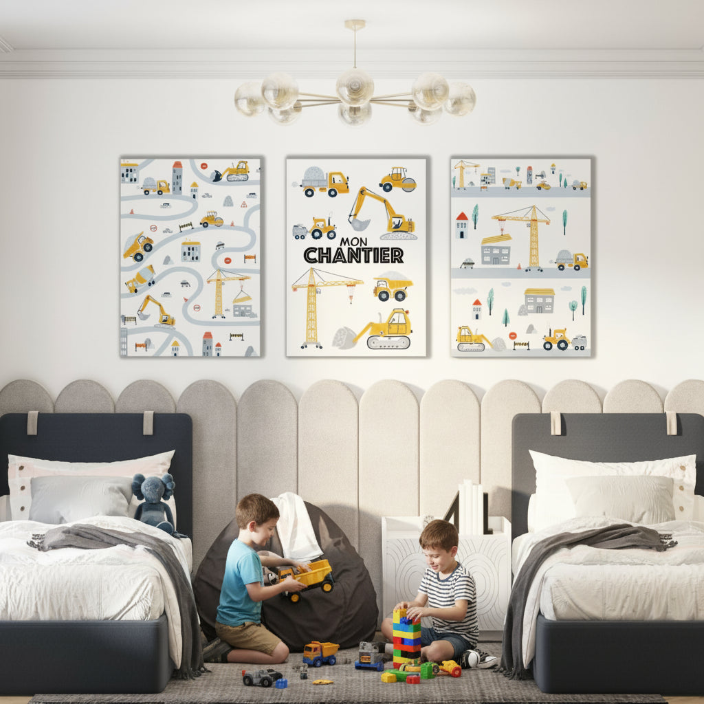 Affiche Mon Chantier camion grue pelleteuse engins chantier enfant

