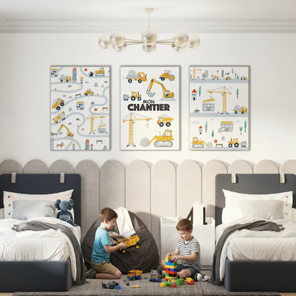 Affiche Mon Chantier camion grue pelleteuse engins chantier enfant

