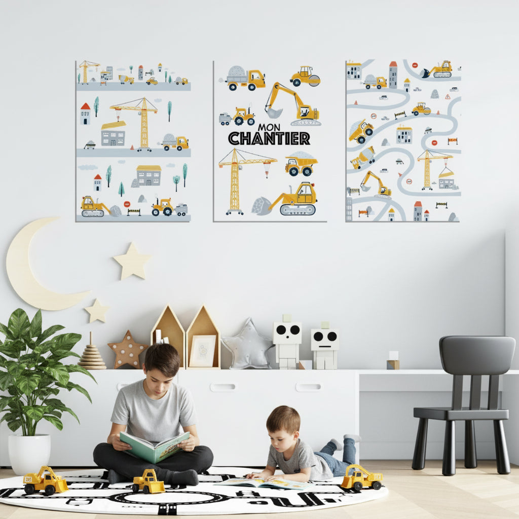 Affiche Mon Chantier engins travaux camion benne pelleteuse chambre garçon
