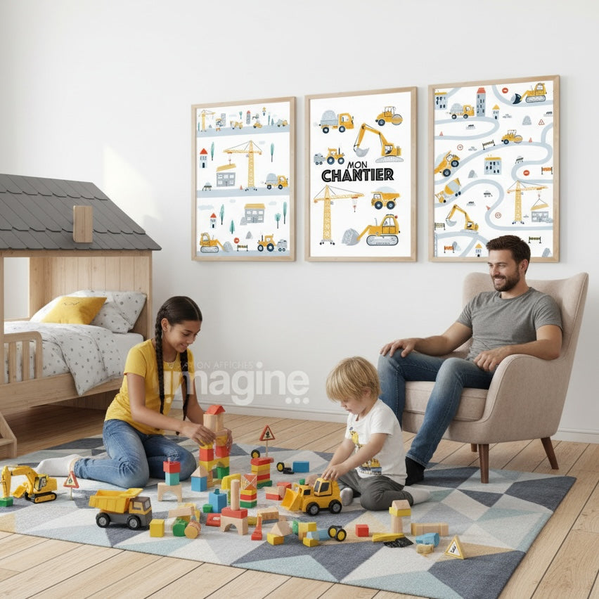 Poster Mon Chantier véhicules chantier décoration chambre enfant coloré