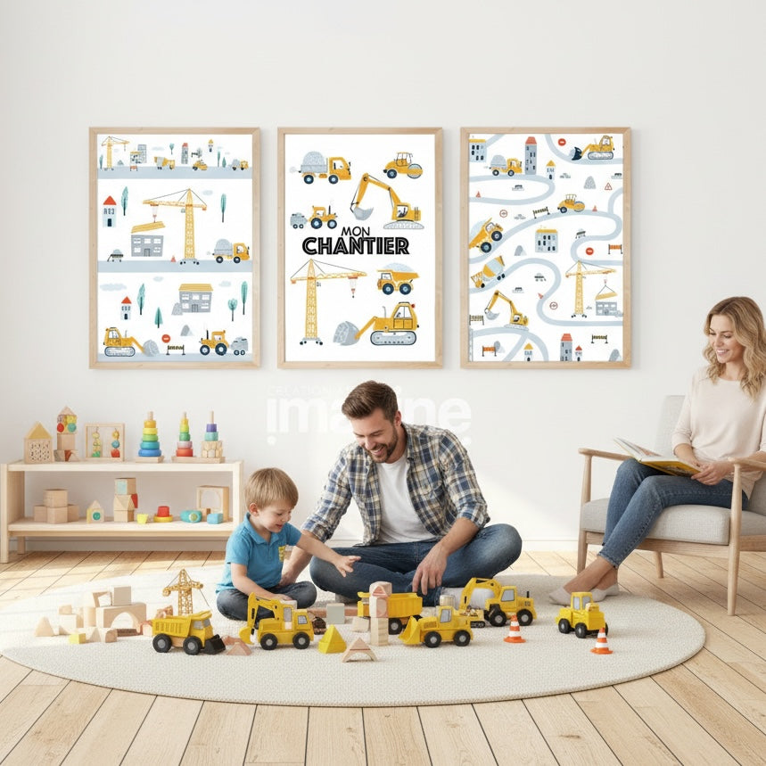 Affiche Mon Chantier camion pelleteuse grue engins construction enfant

