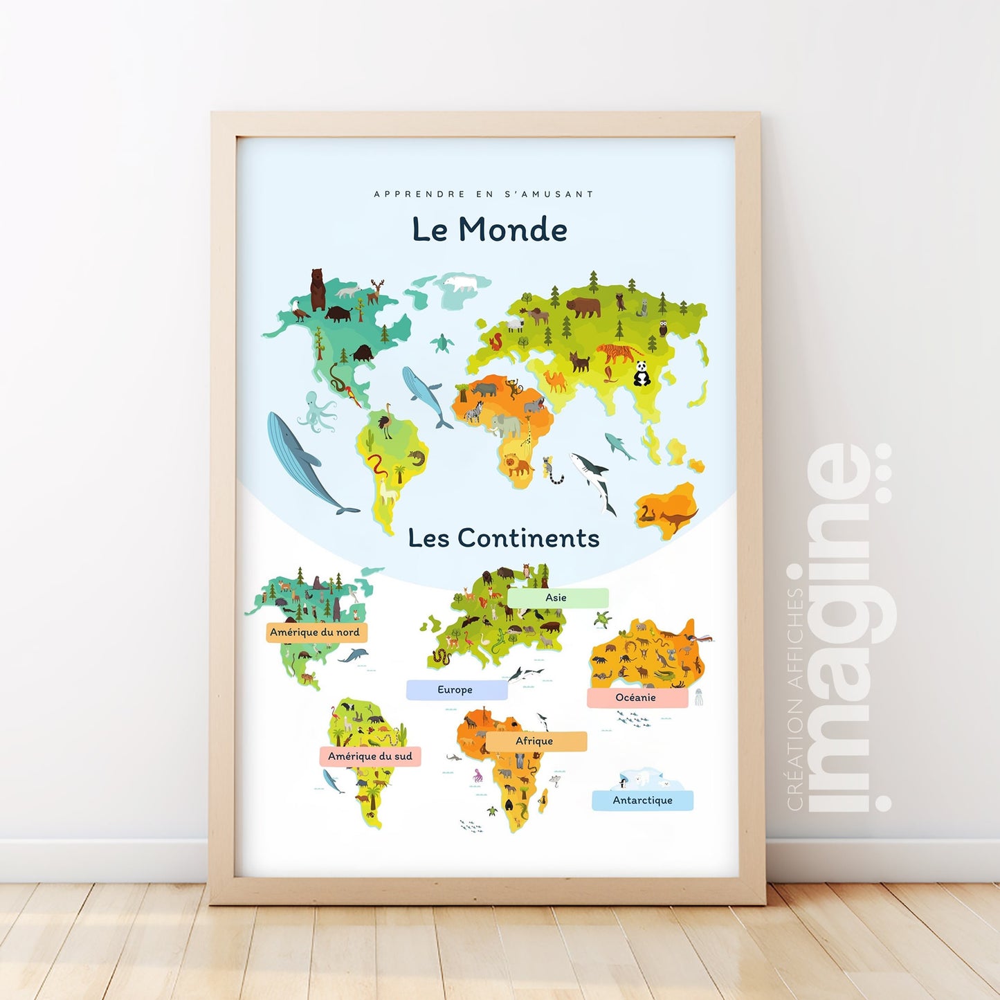 Affiche monde continents planète Terre éducative chambre enfant


