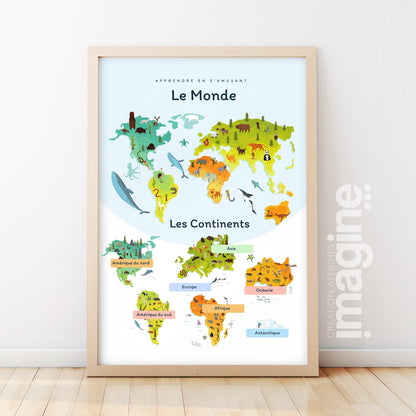 Affiche monde continents planète Terre éducative chambre enfant

