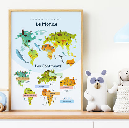 Poster monde 5 continents couleurs vives chambre enfant éducatif

