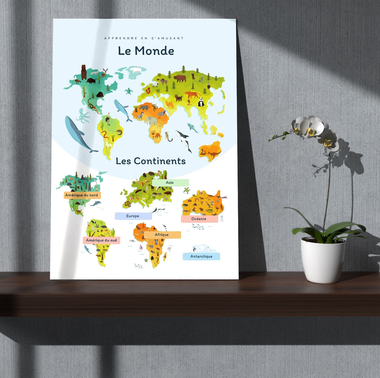 Poster éducatif monde continents Europe Amérique Afrique Asie Océanie

