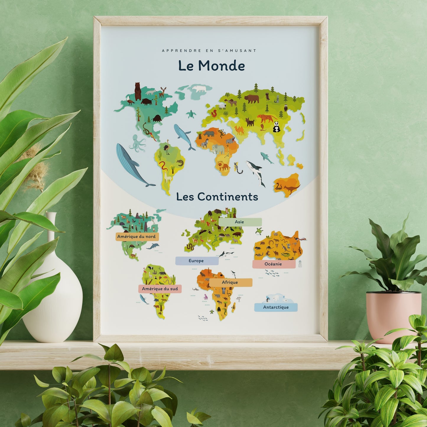 Poster monde 5 continents décoration chambre enfant éducative